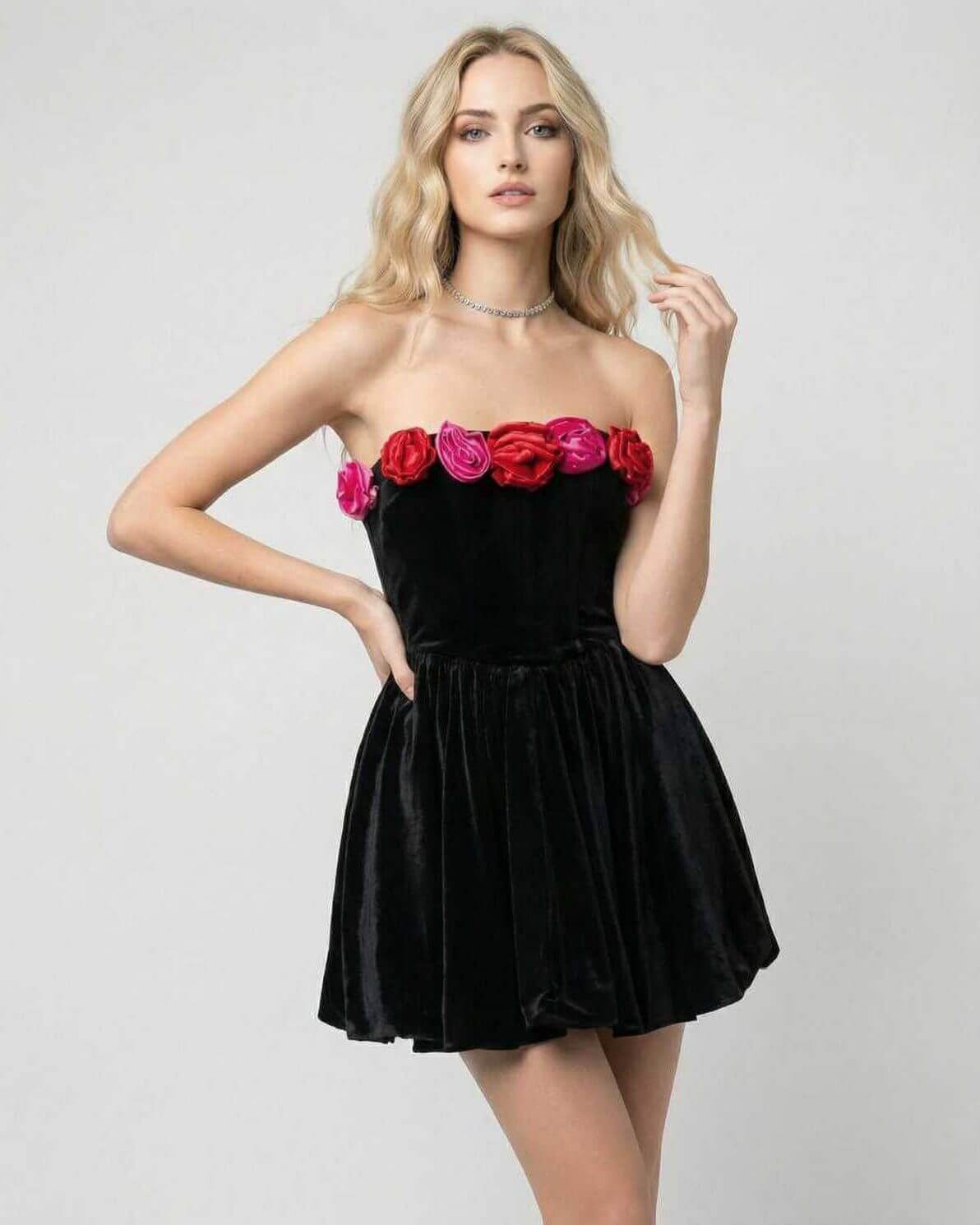Aurora Mini Dress by Lauven, strapless floral black velvet evening dress with vibrant appliqués.
