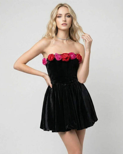 Aurora Mini Dress by Lauven, strapless floral black velvet evening dress with vibrant appliqués.