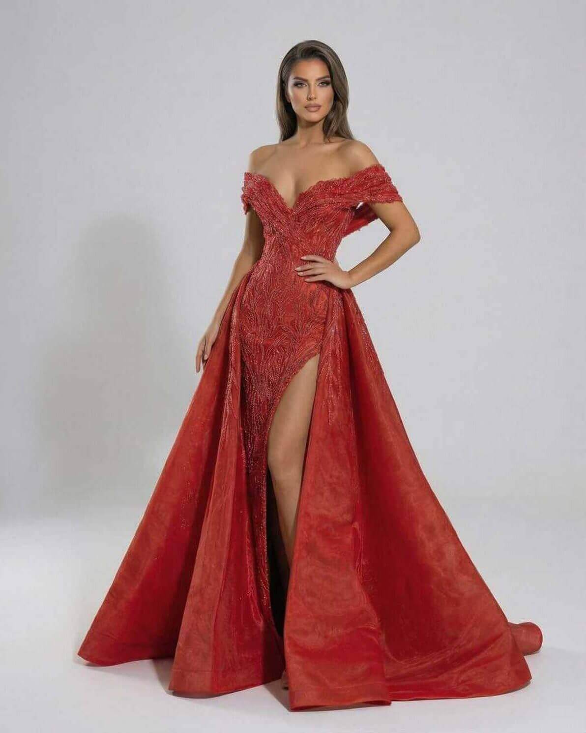 Scarlet Maxi Dress from Lauven, dramatic red sequin off the shoulder formal evening gown with V-neck design.