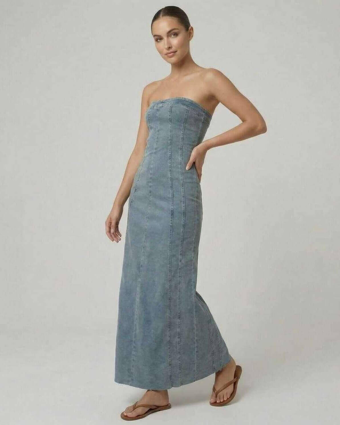 Dune Midi Dress by Lauven – Strapless denim-inspired trumpet dress in chic blue.