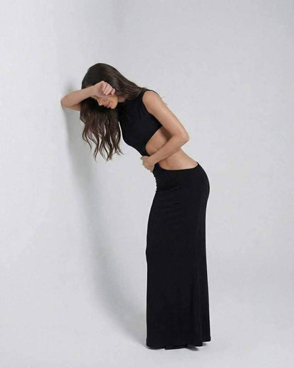 Vega Maxi Dress by Lauven, high stretch black knitted sleeveless maxi dress showcasing a sleek silhouette.
