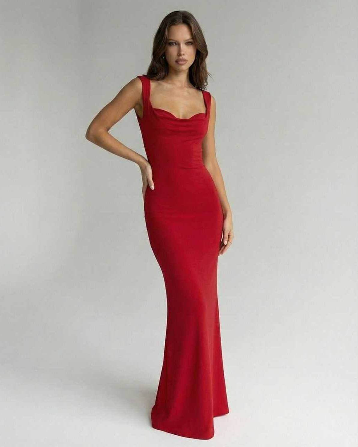 Scarlet Maxi Dress by Lauven, featuring a sleek spaghetti strap silhouette in vibrant red for a club-ready look.