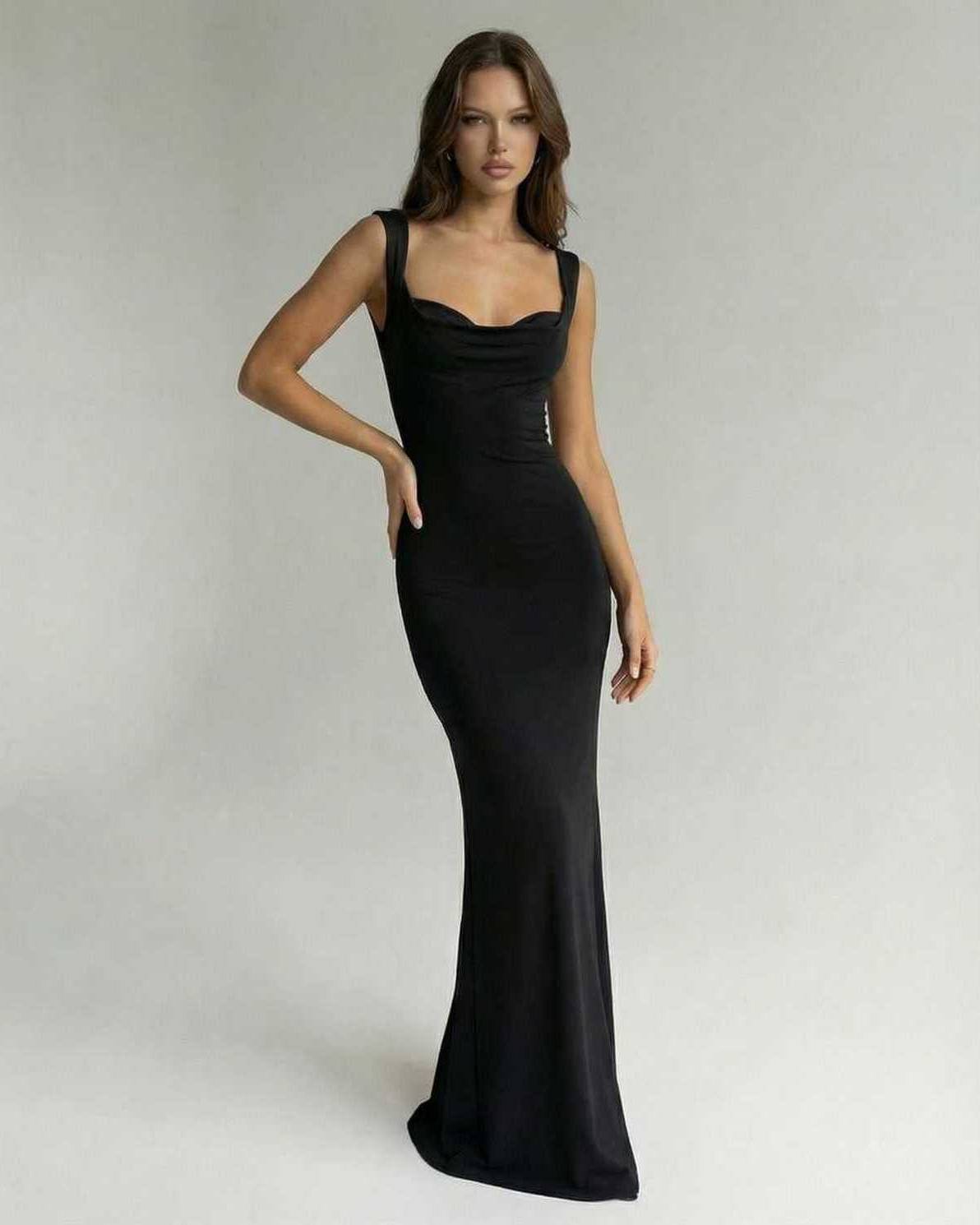 Obsidian Maxi Dress by Lauven, sleek strappy back silhouette in classic black, elegant and sophisticated.
