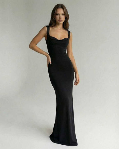 Obsidian Maxi Dress by Lauven, sleek strappy back silhouette in classic black, elegant and sophisticated.