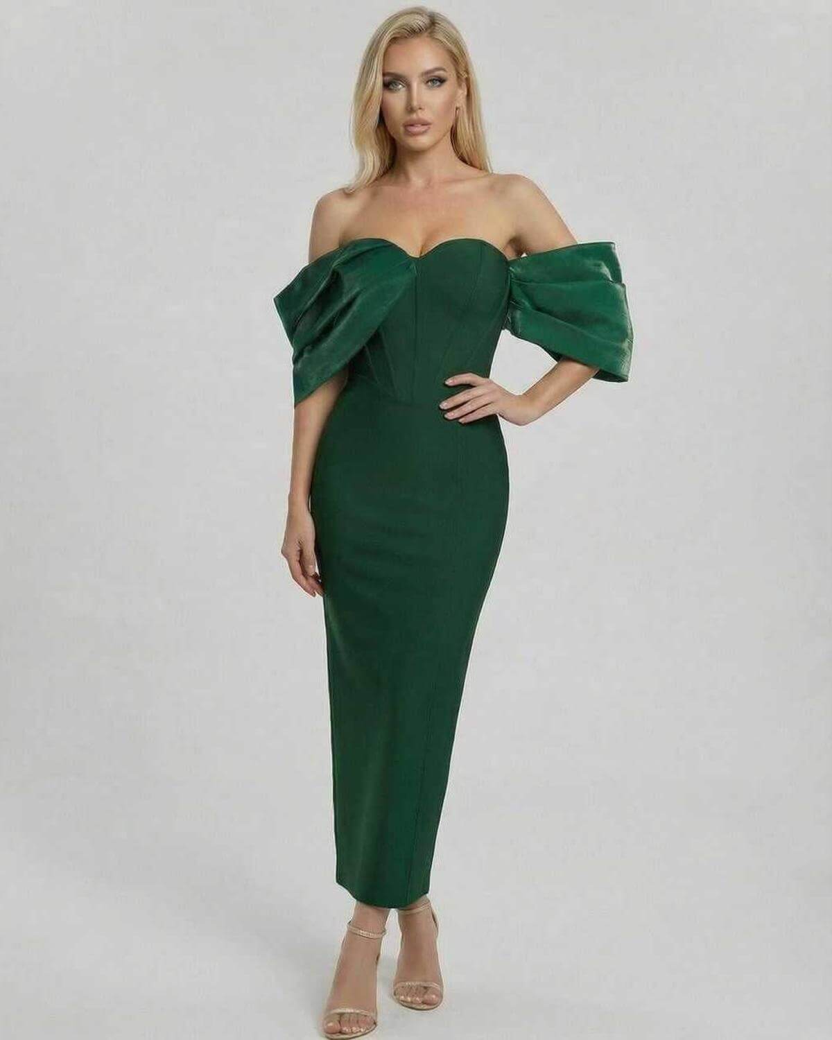 Verona Midi Dress by Lauven – Elegant green midi dress with off-the-shoulder design for formal events.