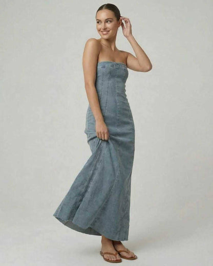 Dune Midi Dress by Lauven, a chic strapless denim-inspired trumpet silhouette that enhances elegance.