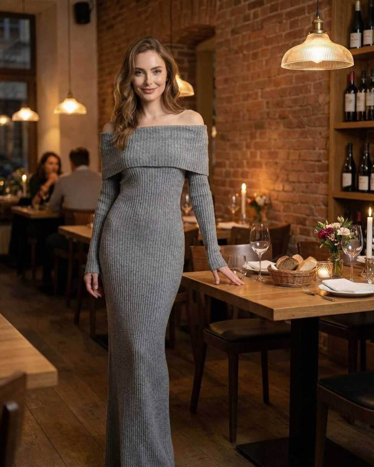 Sierra Maxi Dress by Lauven, showcasing a ribbed polyester sheath design with off-shoulder neckline in a cozy restaurant setting.
