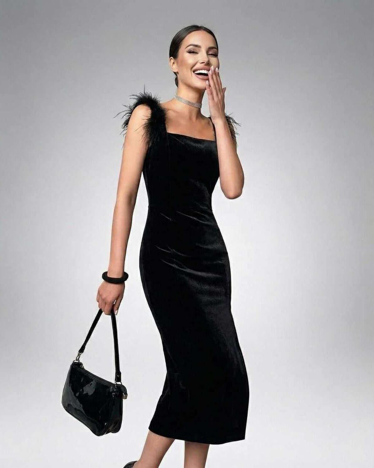 Seraphina Midi Dress by Lauven, elegant velvet bodycon with fuzzy shoulders, perfect for special occasions.