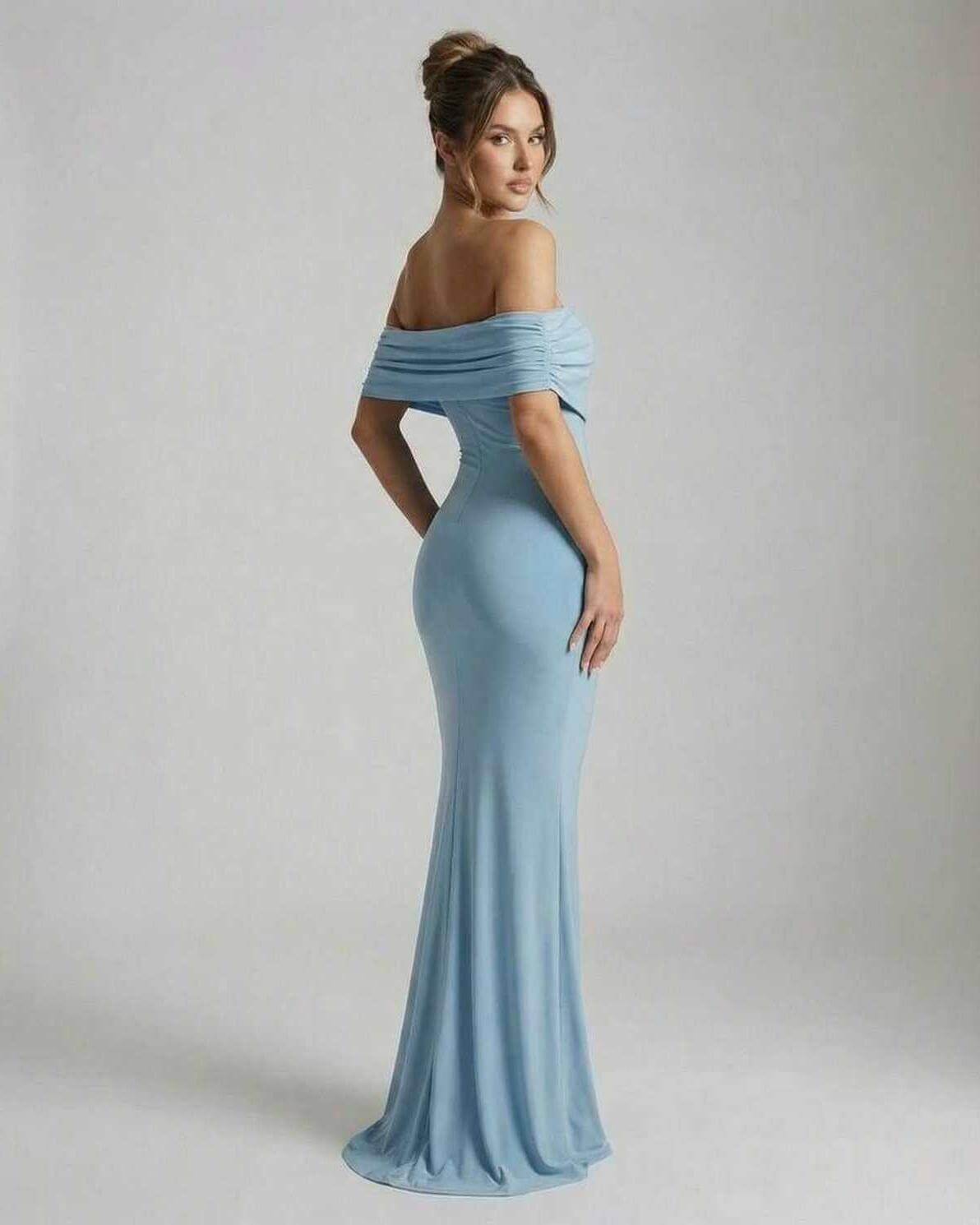Luna Maxi Dress by Lauven - Sleek off-shoulder light blue gown with ruched detailing, elegantly fitted to floor.