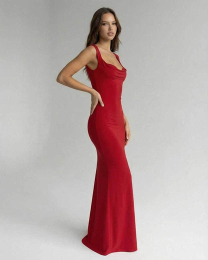 Scarlet Maxi Dress by Lauven, sleek spaghetti strap silhouette in vibrant red, ankle-length fit.
