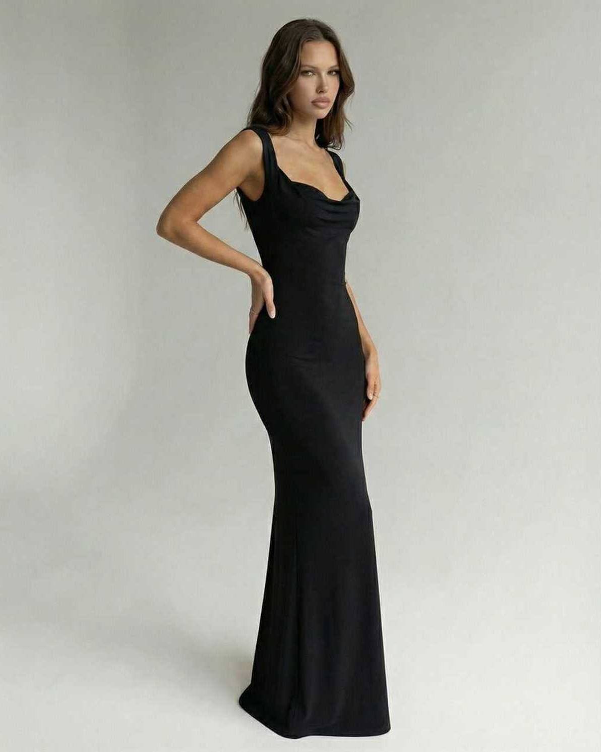 Obsidian Maxi Dress by Lauven, sleek black dress with strappy back, slim silhouette, and elegant sweetheart neckline.