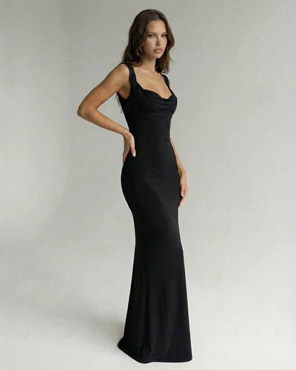 Obsidian Maxi Dress by Lauven, sleek black dress with strappy back, slim silhouette, and elegant sweetheart neckline.
