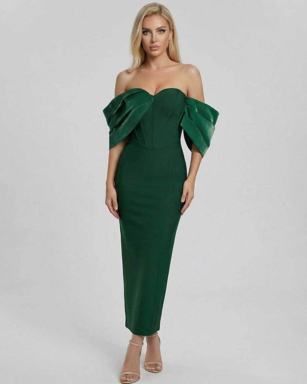 Verona Midi Dress by Lauven - elegant green off the shoulder dress for cocktail events.