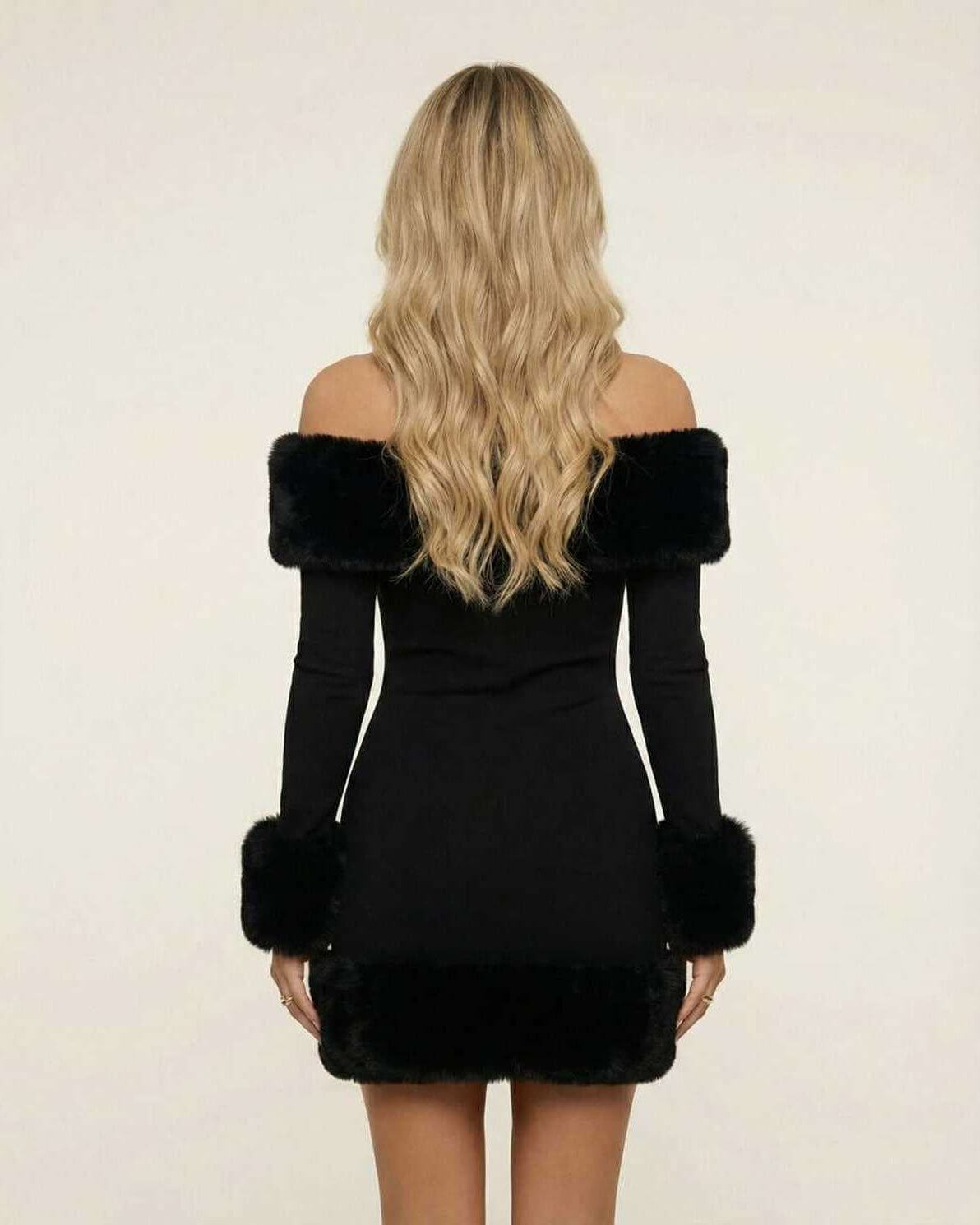 Luna Mini Dress by Lauven featuring faux fur trim off-shoulder neckline and cuffs, showcasing a sleek silhouette.