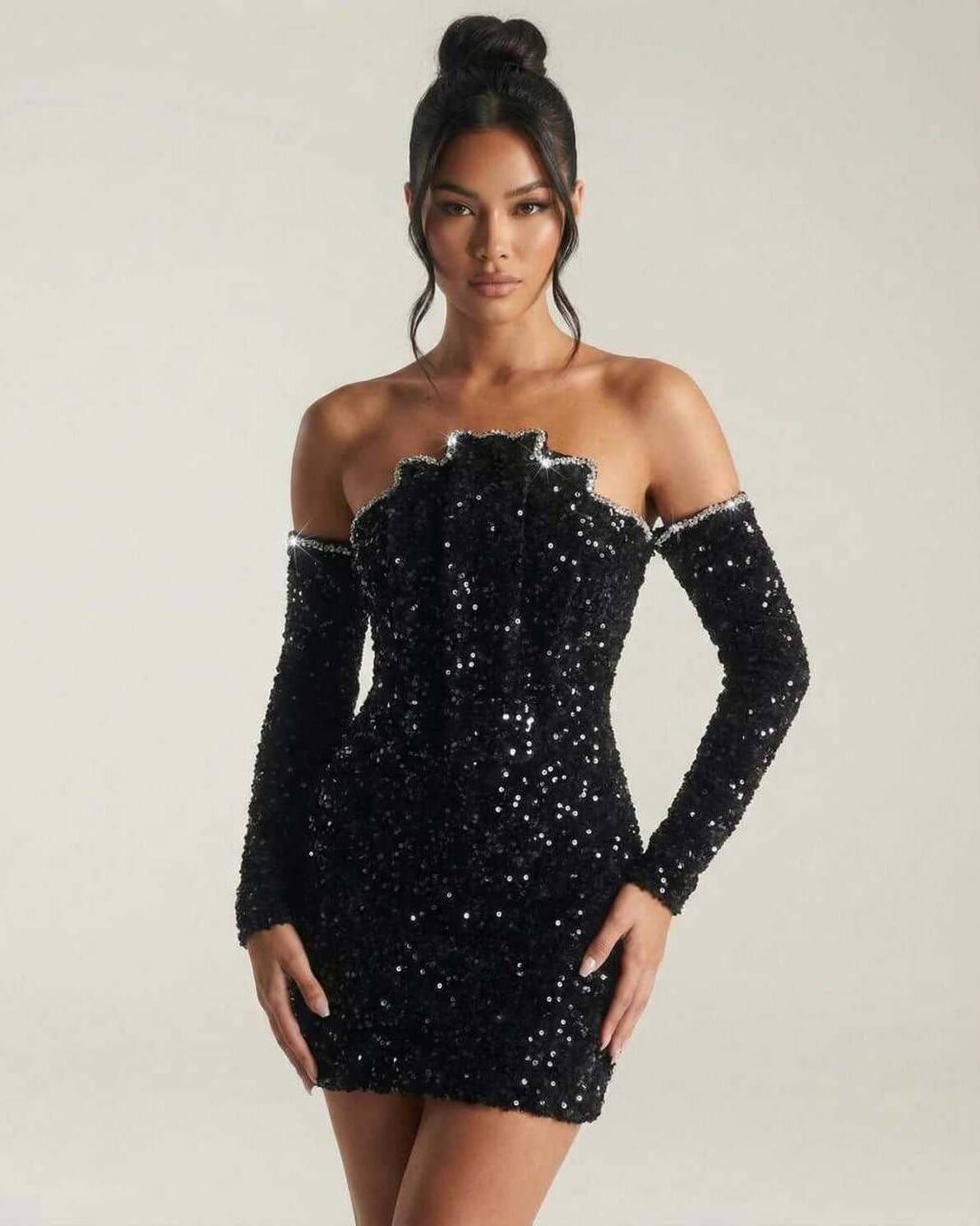 Celeste Mini Dress by Lauven, black sequined off-shoulder dress with fitted silhouette for evening elegance.