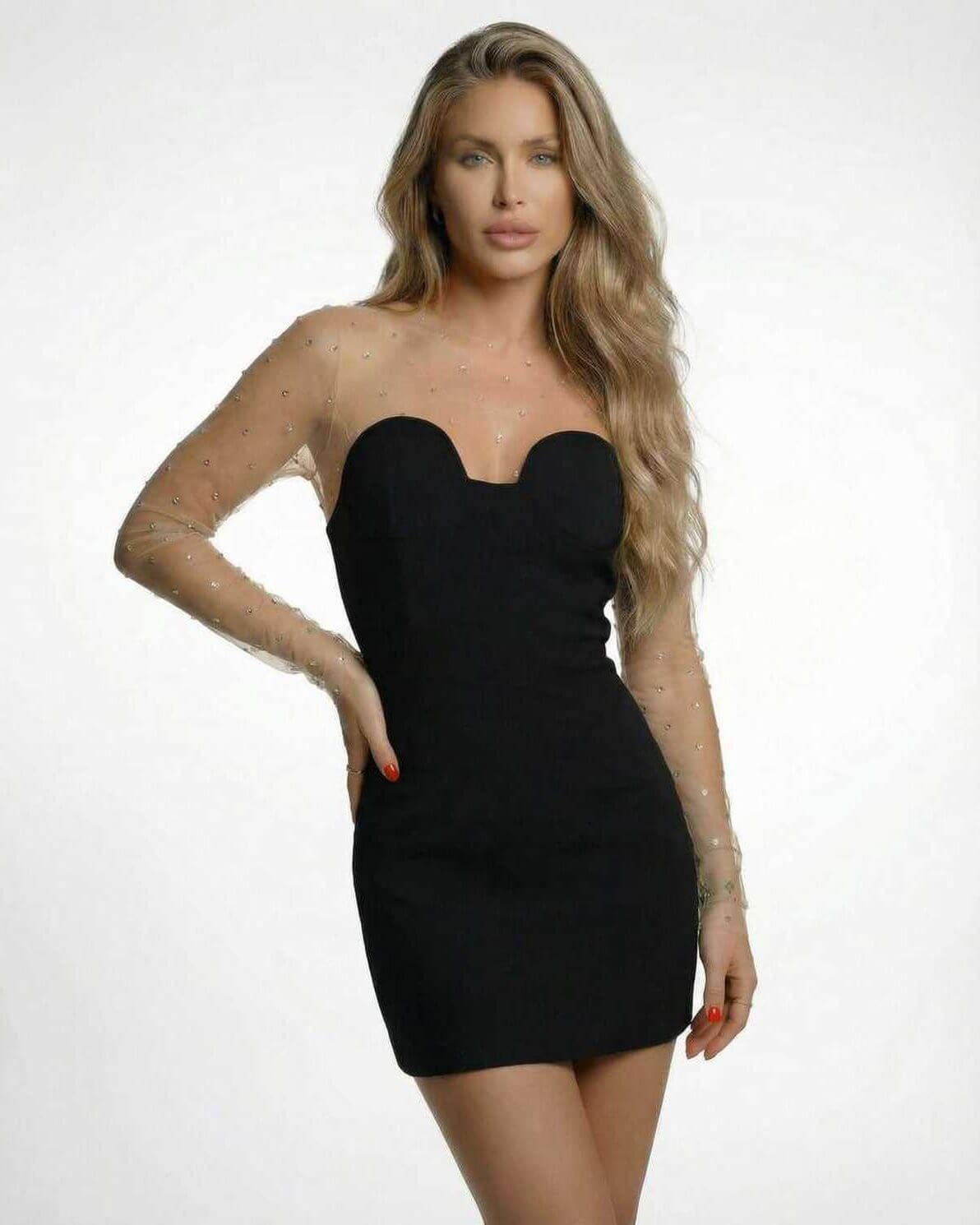 Stella Mini Dress by Lauven featuring sheer embellished sleeves and a fitted black silhouette.