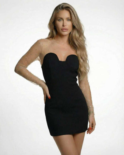 Stella Mini Dress by Lauven featuring sheer embellished sleeves and a fitted black silhouette.