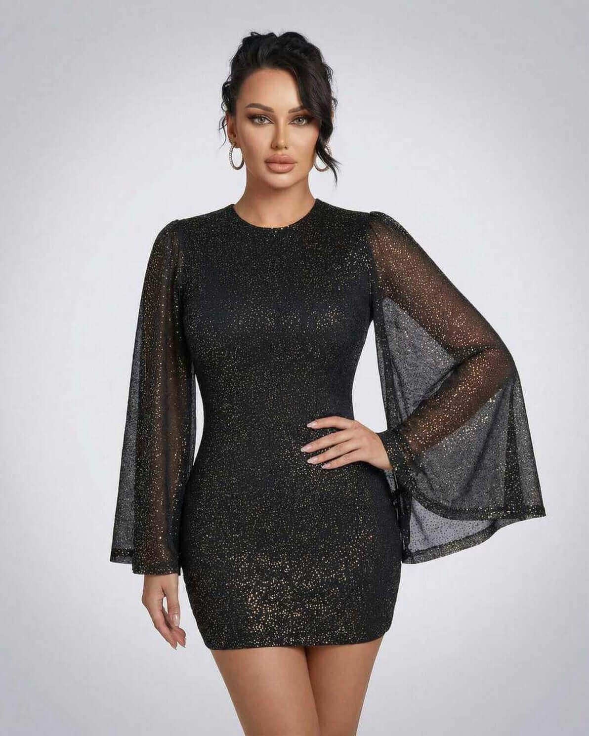 Celeste Mini Dress by Lauven, showcasing sheer cloak sleeves and sparkling dot pattern, perfect for modern elegance.