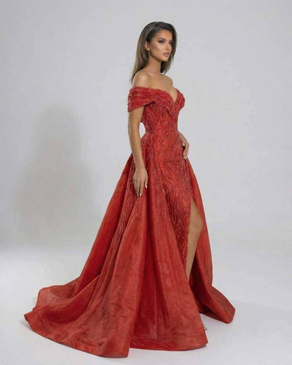 Scarlet Maxi Dress by Lauven, featuring a dramatic red sequin off-the-shoulder design and elegant A-line silhouette.