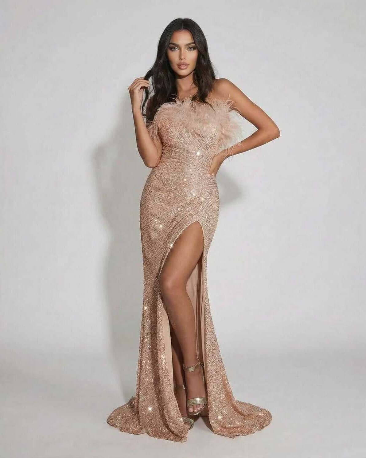 Blush Maxi Dress by Lauven, luxurious blush sequin evening gown with feather detail, off the shoulder design.