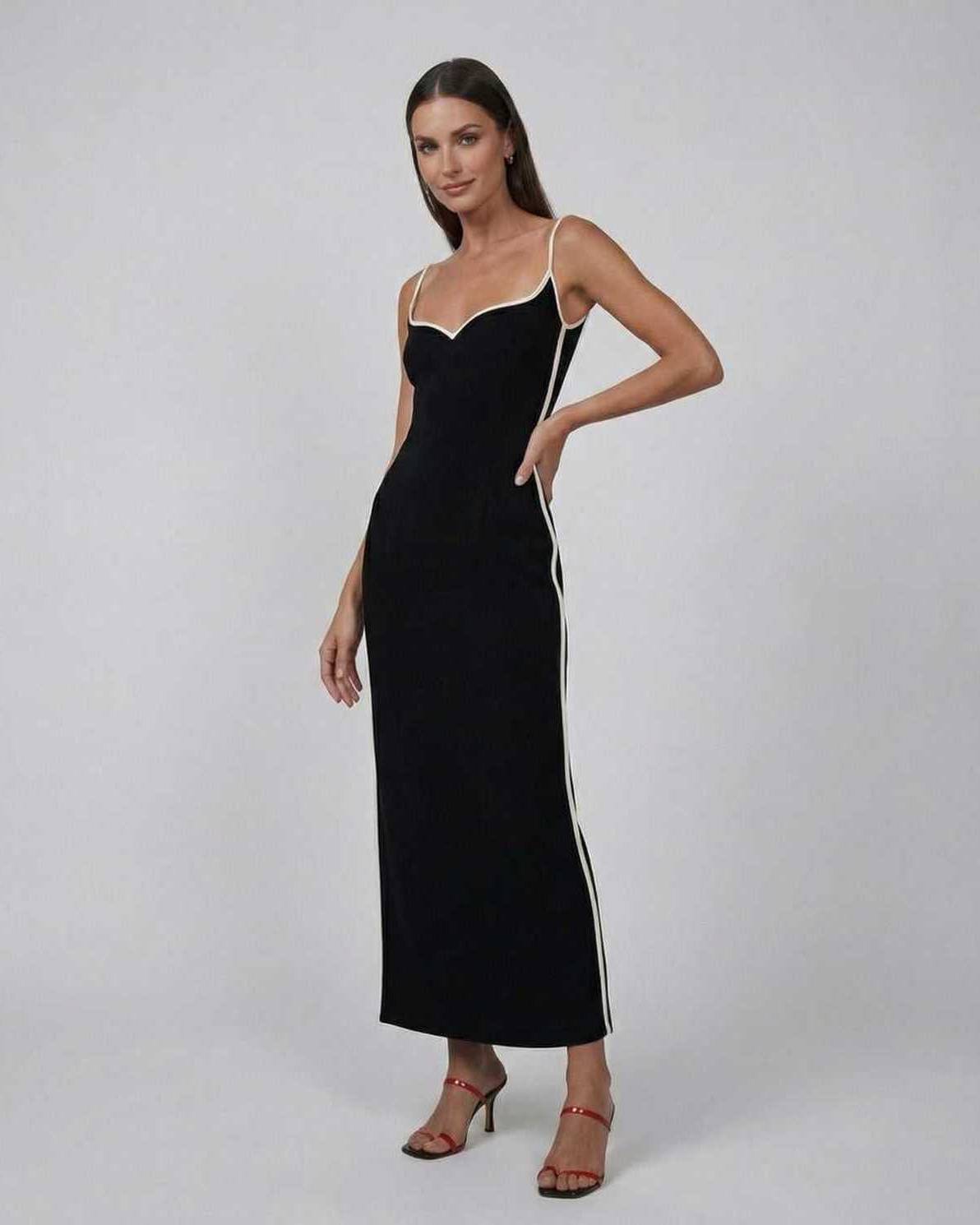 Orion Midi Dress by Lauven - Sleek black slim fit V-neck dress with contrast piping.