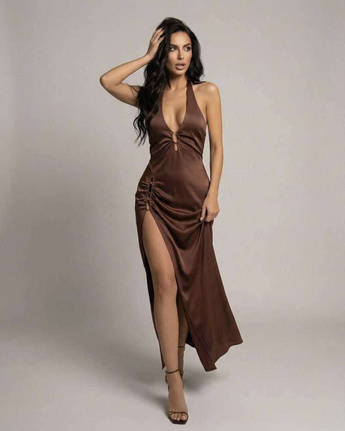 Sienna Maxi Dress by Lauven, showcasing a sleek satin design with a side slit and a stunning brown hue.