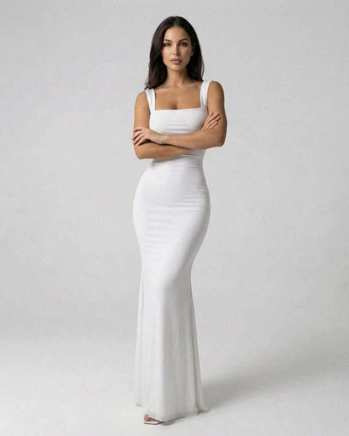 Ivory Maxi Dress by Lauven, elegant strappy back ankle-length dress with a modern silhouette.