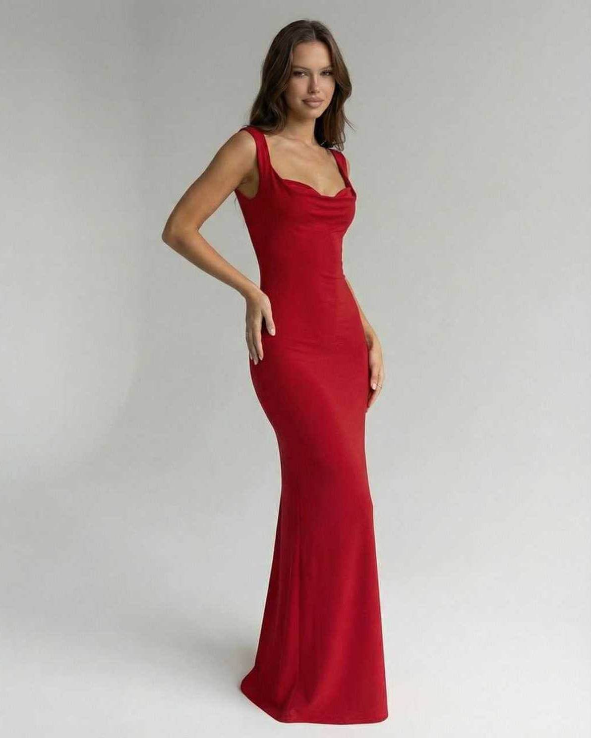 Scarlet Maxi Dress by Lauven - Sleek spaghetti strap silhouette in vibrant red, perfect for club wear.