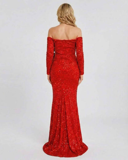 Celeste Maxi Dress by Lauven, stunning red sequin evening gown with an elegant off-shoulder design and fitted silhouette.