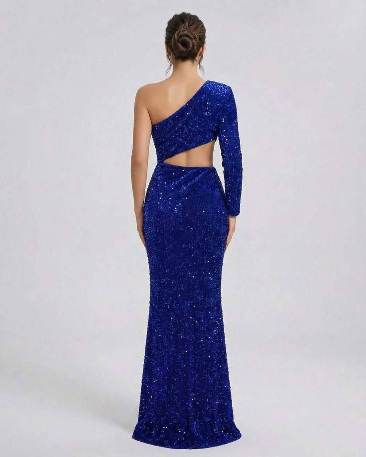 Celeste Maxi Dress by Lauven, Luxurious blue velvet sequin gown showcasing a sleek silhouette perfect for evening events.