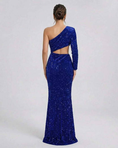 Celeste Maxi Dress by Lauven, Luxurious blue velvet sequin gown showcasing a sleek silhouette perfect for evening events.