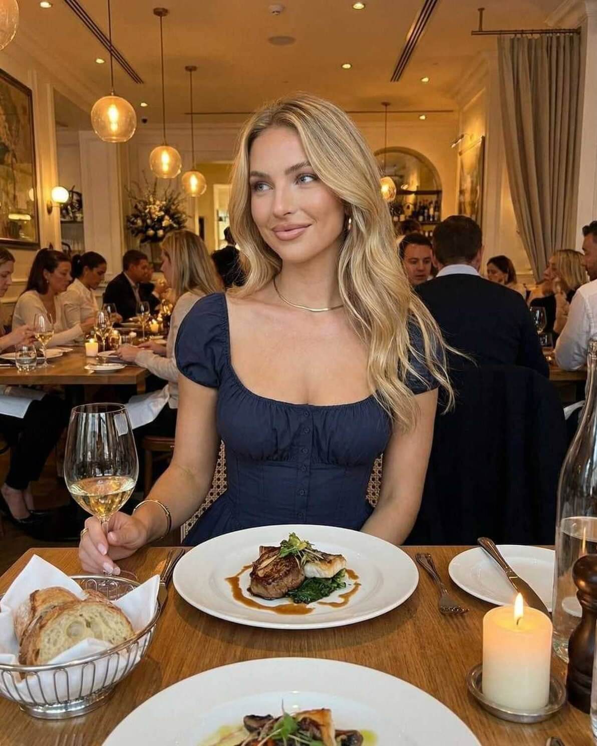 A woman in a navy Orion Mini Dress by Lauven enjoying dinner at a restaurant, elegantly posed with a wine glass.