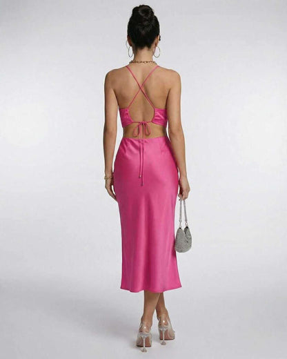 Celeste Midi Dress by Lauven - Elegant pink satin dress with a stylish cutout and criss-cross back design.