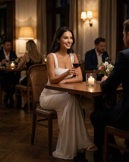 Elegant model wearing Lauven's Ivory Maxi Dress in a restaurant, holding a glass of wine, enjoying a sophisticated evening.