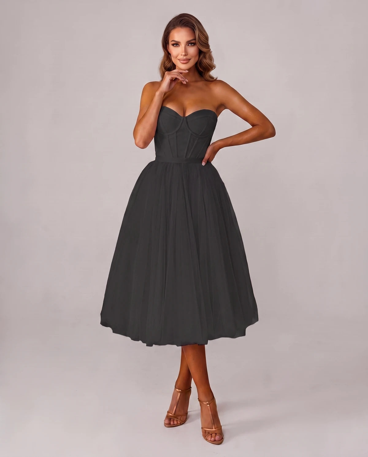 Pomona Midi Dresses — Black | SKU: SD-38566-black-2,SD-38566-black-4,SD-38566-black-6,SD-38566-black-8,SD-38566-black-10,SD-38566-black-12,SD-38566-black-14,SD-38566-black-14W,SD-38566-black-16,SD-38566-black-16W,SD-38566-black-18W,SD-38566-black-20W