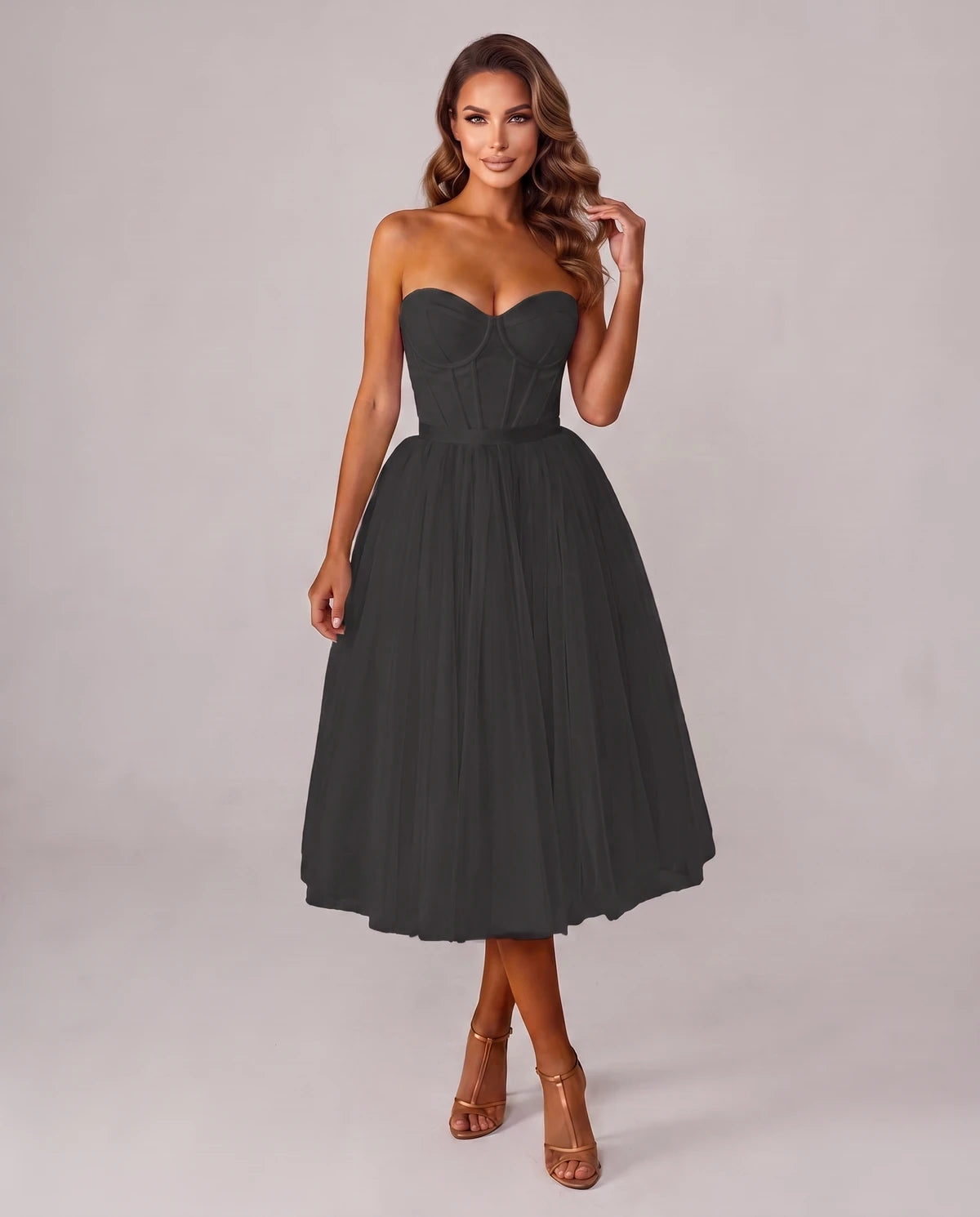 Pomona Midi Dresses — Black | SKU: SD-38566-black-2,SD-38566-black-4,SD-38566-black-6,SD-38566-black-8,SD-38566-black-10,SD-38566-black-12,SD-38566-black-14,SD-38566-black-14W,SD-38566-black-16,SD-38566-black-16W,SD-38566-black-18W,SD-38566-black-20W