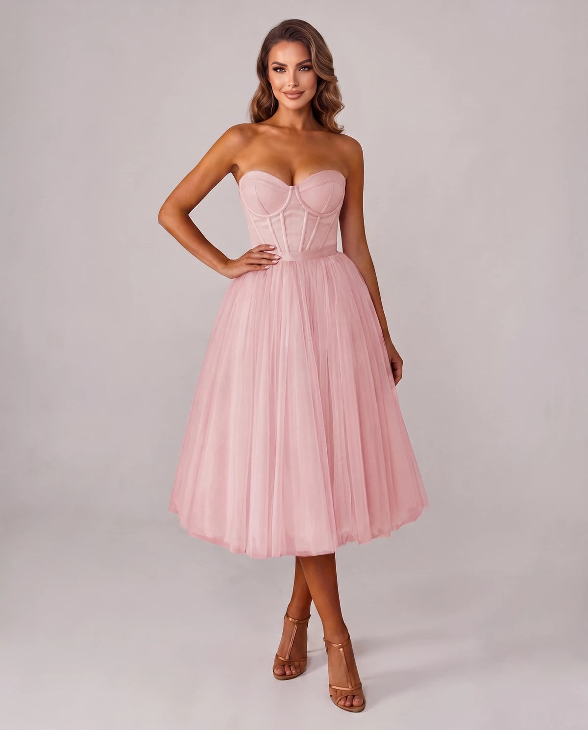 Pomona Midi Dresses — Pink | SKU: SD-38566-pink-2,SD-38566-pink-4,SD-38566-pink-6,SD-38566-pink-8,SD-38566-pink-10,SD-38566-pink-12,SD-38566-pink-14,SD-38566-pink-14W,SD-38566-pink-16,SD-38566-pink-16W,SD-38566-pink-18W,SD-38566-pink-20W