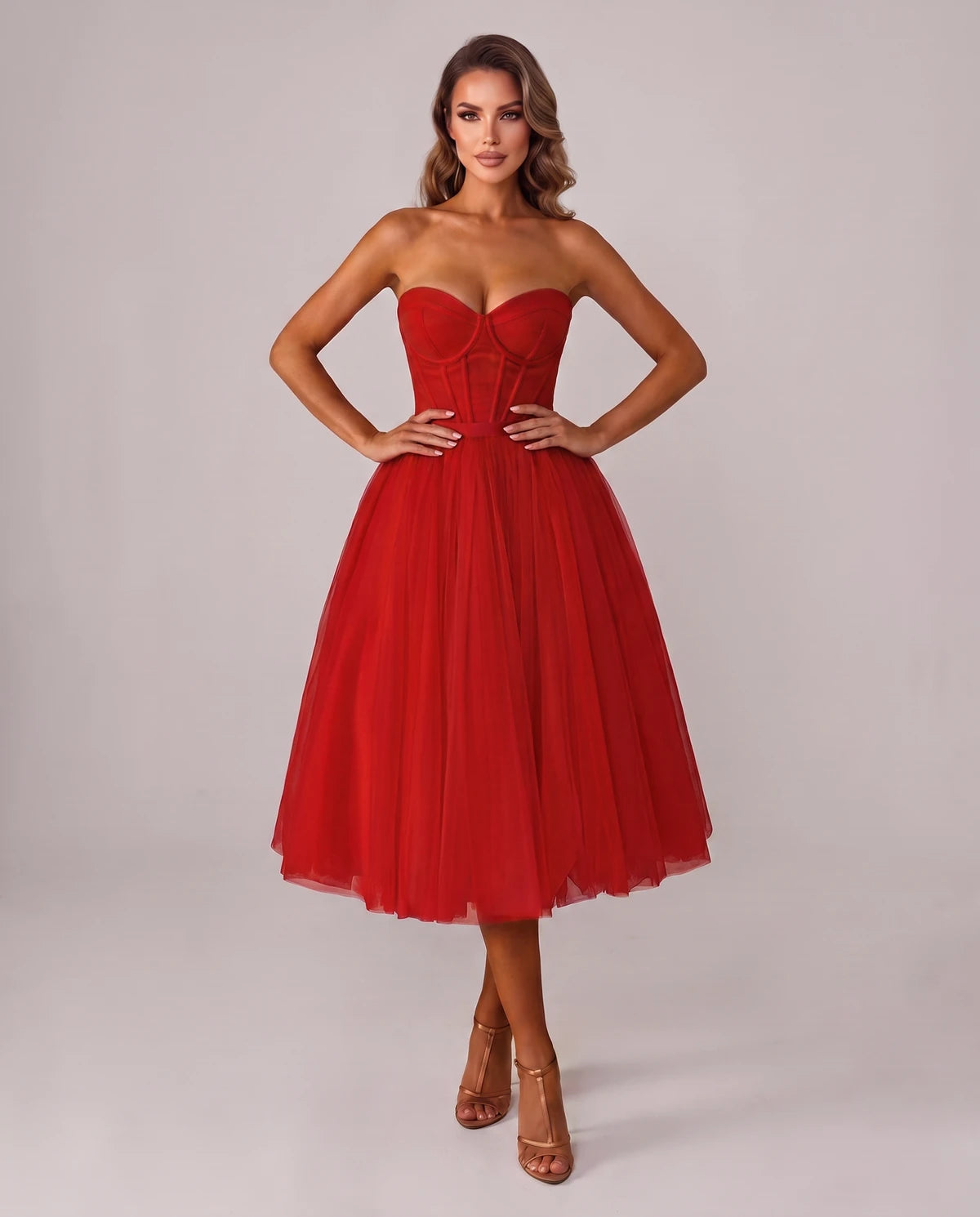 Pomona Midi Dresses — Red | SKU: SD-38566-red-2,SD-38566-red-4,SD-38566-red-6,SD-38566-red-8,SD-38566-red-10,SD-38566-red-12,SD-38566-red-14,SD-38566-red-14W,SD-38566-red-16,SD-38566-red-16W,SD-38566-red-18W,SD-38566-red-20W