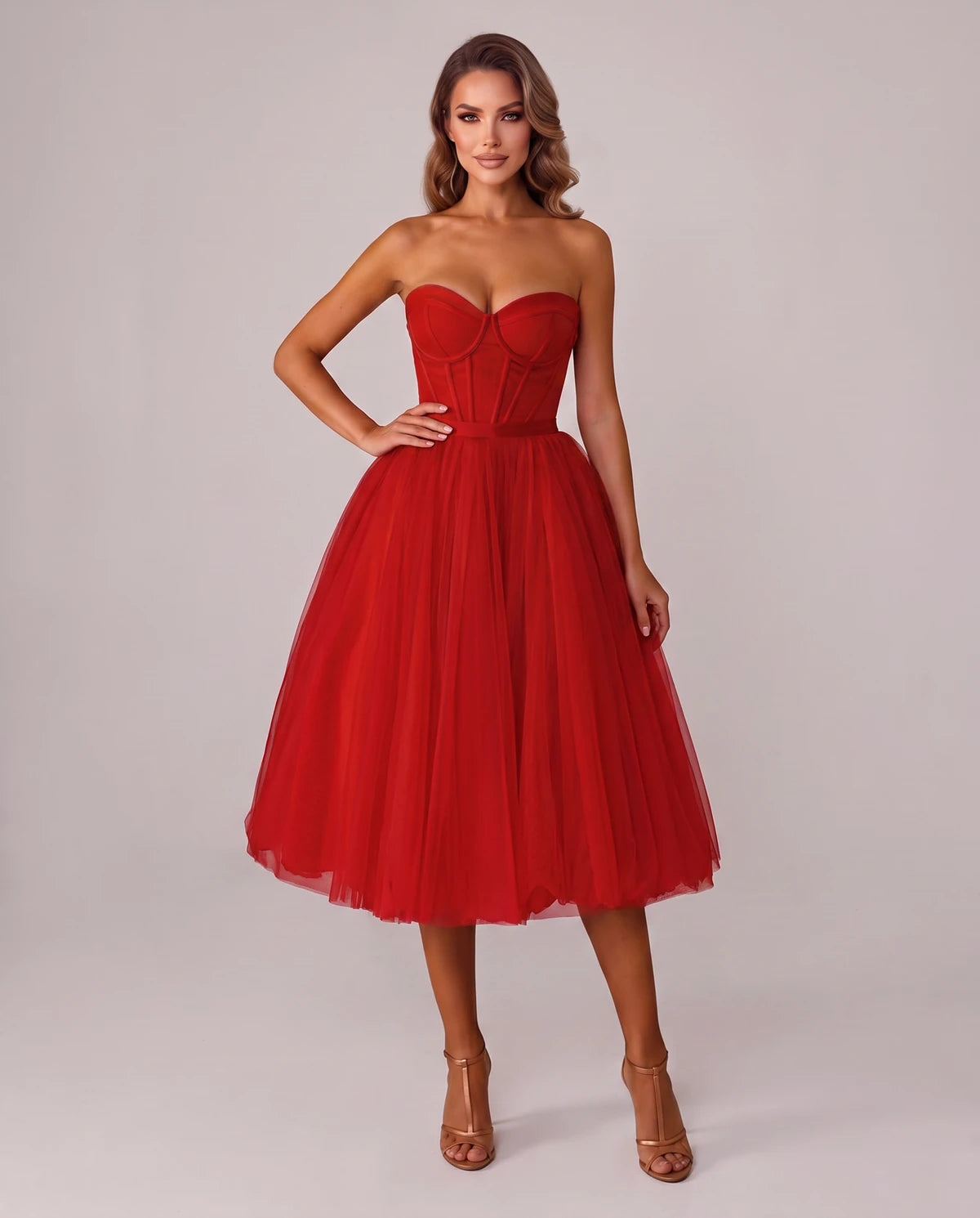 Pomona Midi Dresses — Red | SKU: SD-38566-red-2,SD-38566-red-4,SD-38566-red-6,SD-38566-red-8,SD-38566-red-10,SD-38566-red-12,SD-38566-red-14,SD-38566-red-14W,SD-38566-red-16,SD-38566-red-16W,SD-38566-red-18W,SD-38566-red-20W