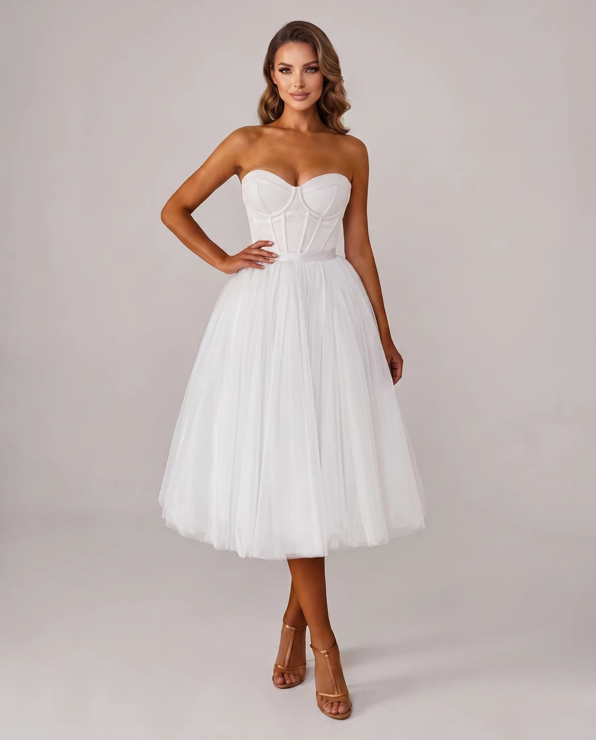 Pomona Midi Dresses — White | SKU: SD-38566-white-2,SD-38566-white-4,SD-38566-white-6,SD-38566-white-8,SD-38566-white-10,SD-38566-white-12,SD-38566-white-14,SD-38566-white-14W,SD-38566-white-16,SD-38566-white-16W,SD-38566-white-18W,SD-38566-white-20W