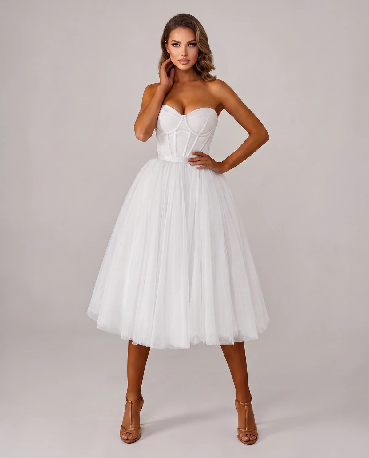 Pomona Midi Dresses — White | SKU: SD-38566-white-2,SD-38566-white-4,SD-38566-white-6,SD-38566-white-8,SD-38566-white-10,SD-38566-white-12,SD-38566-white-14,SD-38566-white-14W,SD-38566-white-16,SD-38566-white-16W,SD-38566-white-18W,SD-38566-white-20W