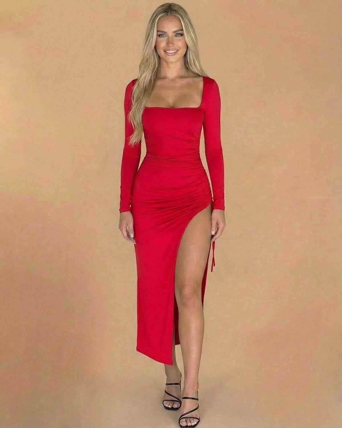 Ravenna Midi Dress - SLIMONA Long Sleeve Red Bodycon Midi Dress with Slit, perfect for elevating your silhouette.