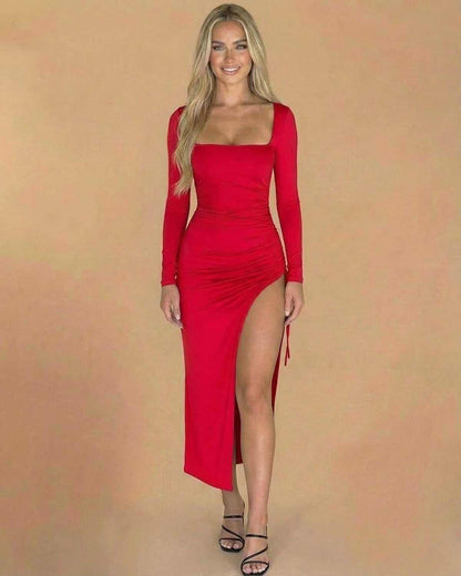 Ravenna Midi Dress - SLIMONA Long Sleeve Red Bodycon Midi Dress with Slit, perfect for elevating your silhouette.