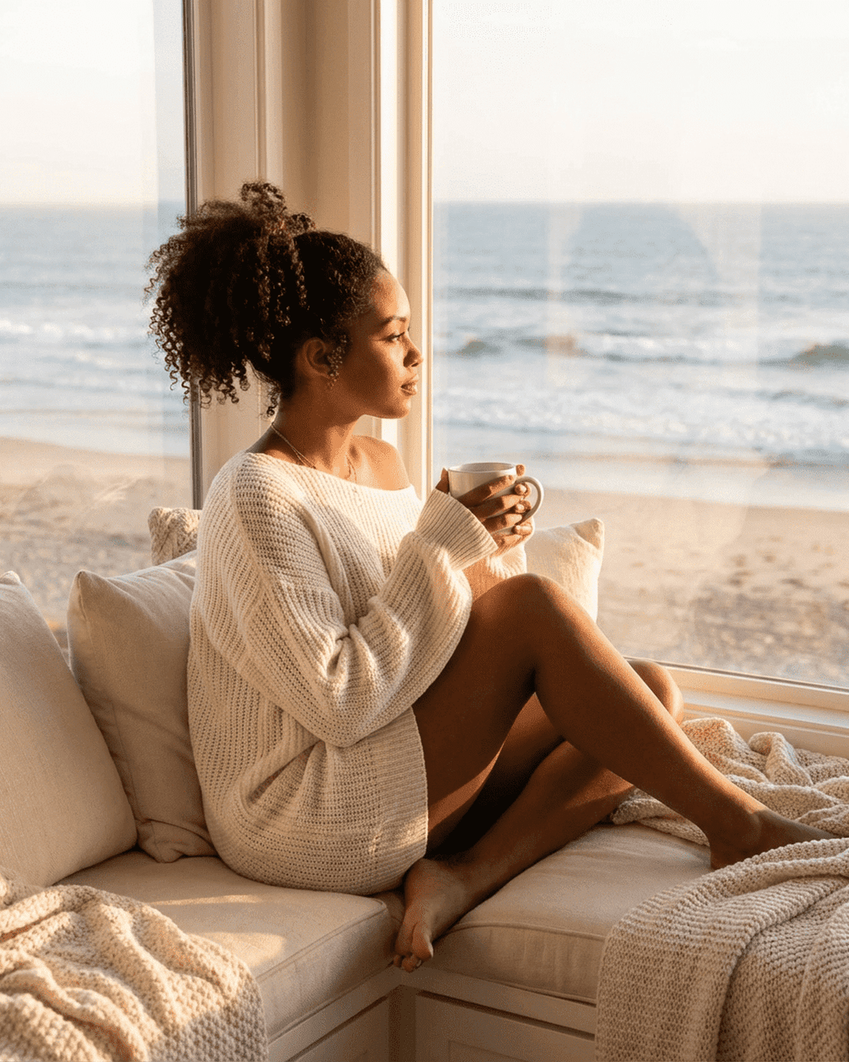 Woman in cozy white knit sweater enjoying coffee by the beach, highlighting the relaxing vibe of the Aurora Mini Dress.