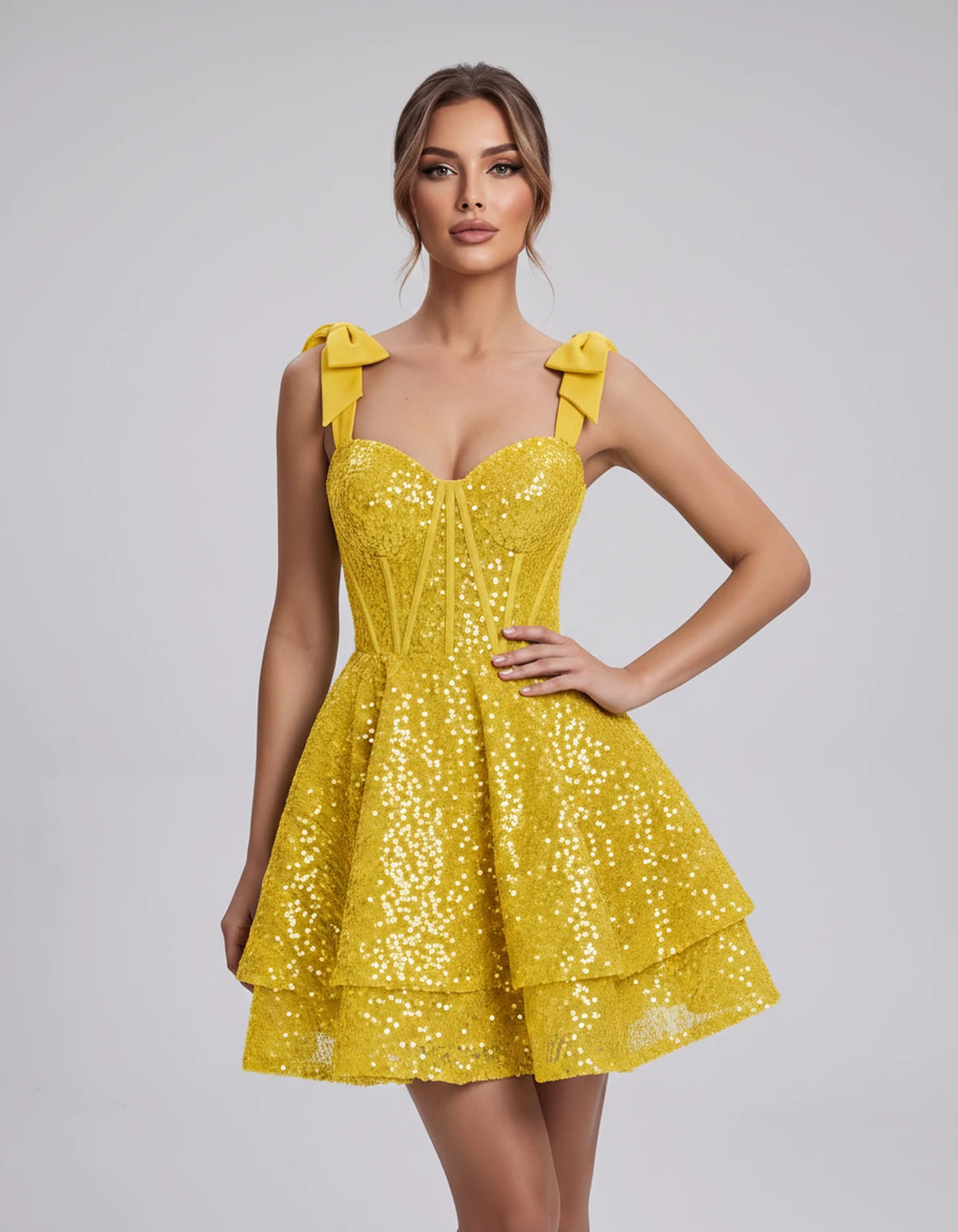 Rhiannon Mini Dress — Yellow | SKU: SD-13330-yellow-2,SD-13330-yellow-4,SD-13330-yellow-6,SD-13330-yellow-8,SD-13330-yellow-10,SD-13330-yellow-12,SD-13330-yellow-14,SD-13330-yellow-16,SD-13330-yellow-16W,SD-13330-yellow-18W,SD-13330-yellow-20W,SD-13330-yellow-22W
