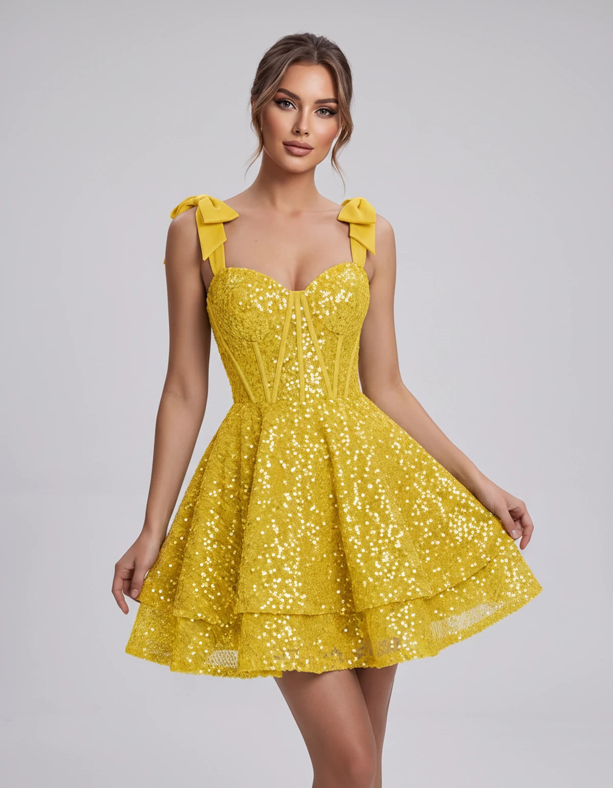 Rhiannon Mini Dress — Yellow | SKU: SD-13330-yellow-2,SD-13330-yellow-4,SD-13330-yellow-6,SD-13330-yellow-8,SD-13330-yellow-10,SD-13330-yellow-12,SD-13330-yellow-14,SD-13330-yellow-16,SD-13330-yellow-16W,SD-13330-yellow-18W,SD-13330-yellow-20W,SD-13330-yellow-22W