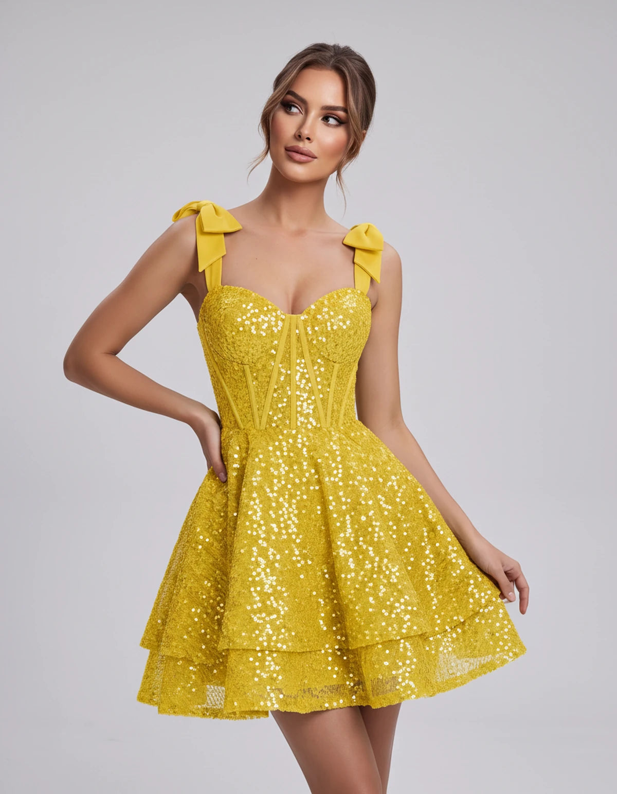 Rhiannon Mini Dress — Yellow | SKU: SD-13330-yellow-2,SD-13330-yellow-4,SD-13330-yellow-6,SD-13330-yellow-8,SD-13330-yellow-10,SD-13330-yellow-12,SD-13330-yellow-14,SD-13330-yellow-16,SD-13330-yellow-16W,SD-13330-yellow-18W,SD-13330-yellow-20W,SD-13330-yellow-22W