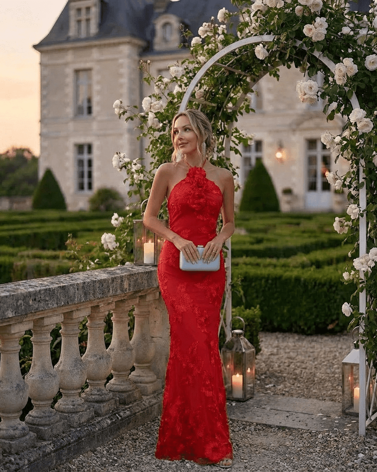 Rosalia Maxi Dress by SLIMONA, elegant halter neck in red with 3D floral detailing, perfect for special occasions.