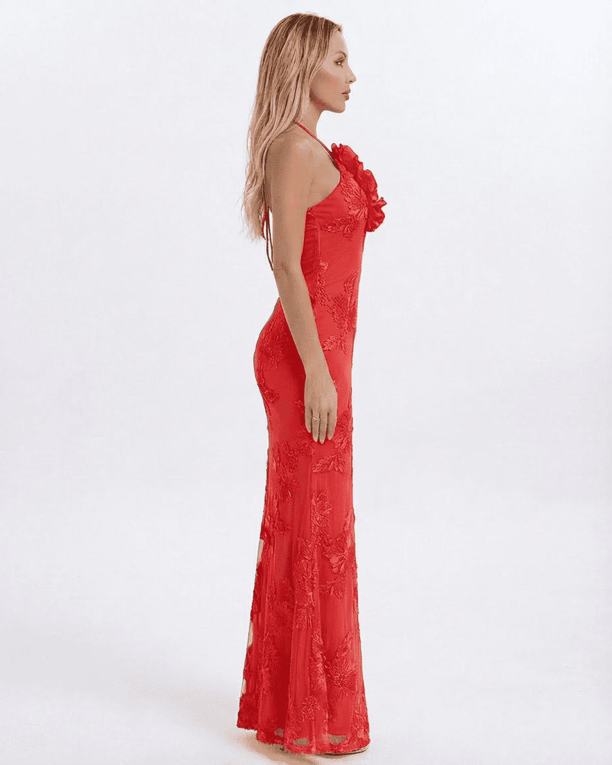 Rosalia Maxi Dress by SLIMONA - Elegant halter neck dress with 3D floral detail in bold red color.