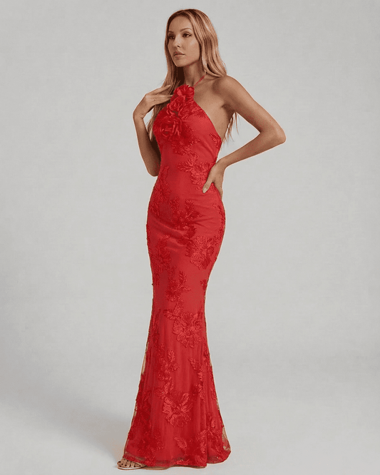 Rosalia Maxi Dress by SLIMONA, red halter neck dress with 3D floral and foil print detail, elegant body-skimming silhouette.